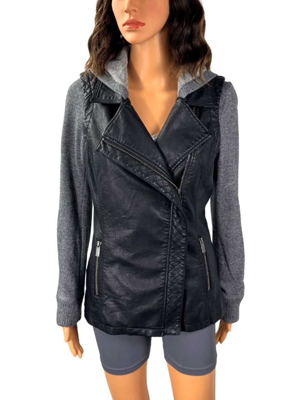 Y2K Biker S Black Gray Blanc Noir Faux Leather Moto Jacket Knit Sleeves Hood